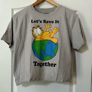 Garfield Cropped Let’s Save It Together Earth bleach spotted Tee 100% cotton 2X